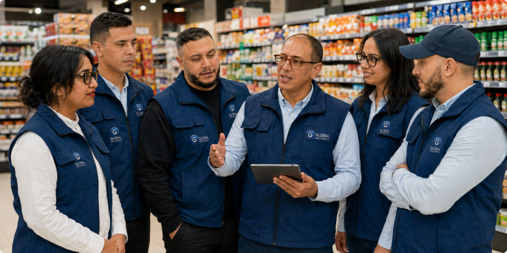Briefing de l’équipe GLOBAL GMS AGENCY en magasin pour piloter l’exécution commerciale terrain au Maroc.