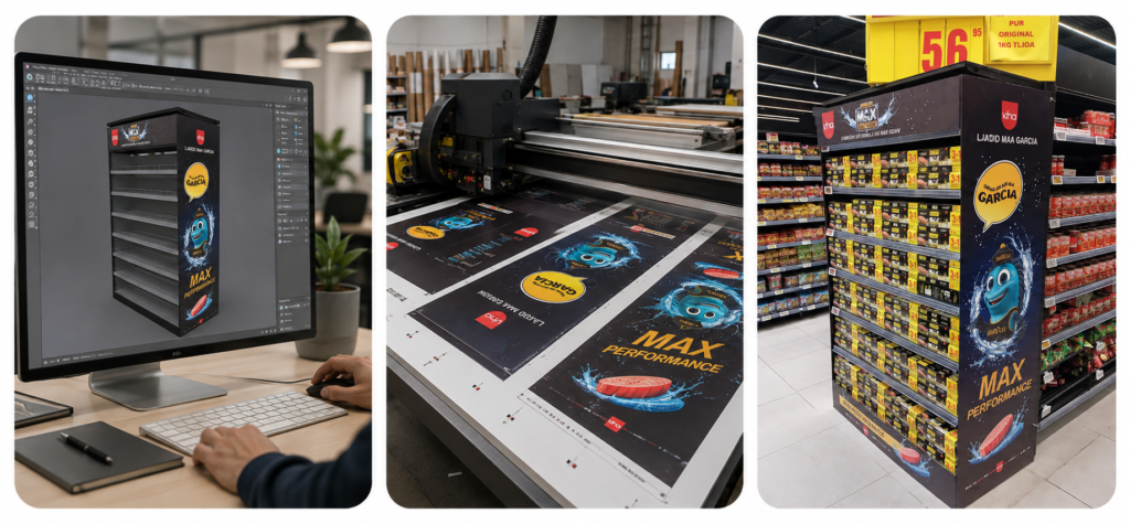 Conception 3D, production de l’habillage publicitaire et installation d’un dispositif retail en point de vente par GLOBAL GMS AGENCY