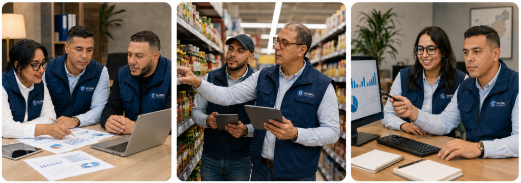 Équipe GLOBAL GMS AGENCY en préparation, contrôle terrain en magasin et analyse de la performance commerciale au Maroc.