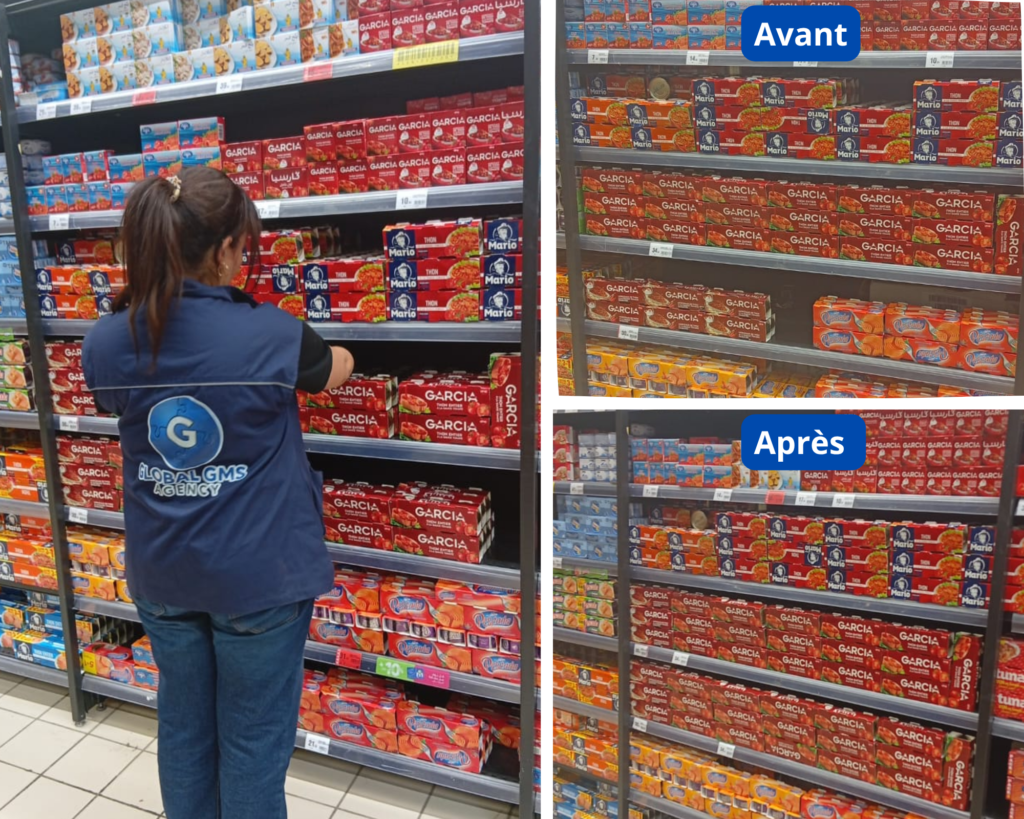 Merchandiser GLOBAL GMS AGENCY réalisant l’optimisation d’un linéaire en grande distribution, avec résultat avant et après