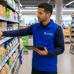 Merchandiser GLOBAL GMS AGENCY contrôlant la visibilité des produits en grande distribution